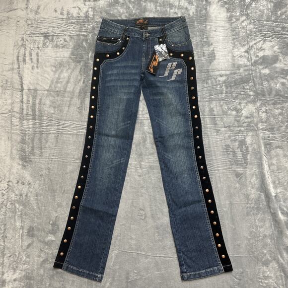 Platinum Plush Denim - New Platinum Plush Embroidered Studded Straight Jeans Womens Size 3 Velvet Blue